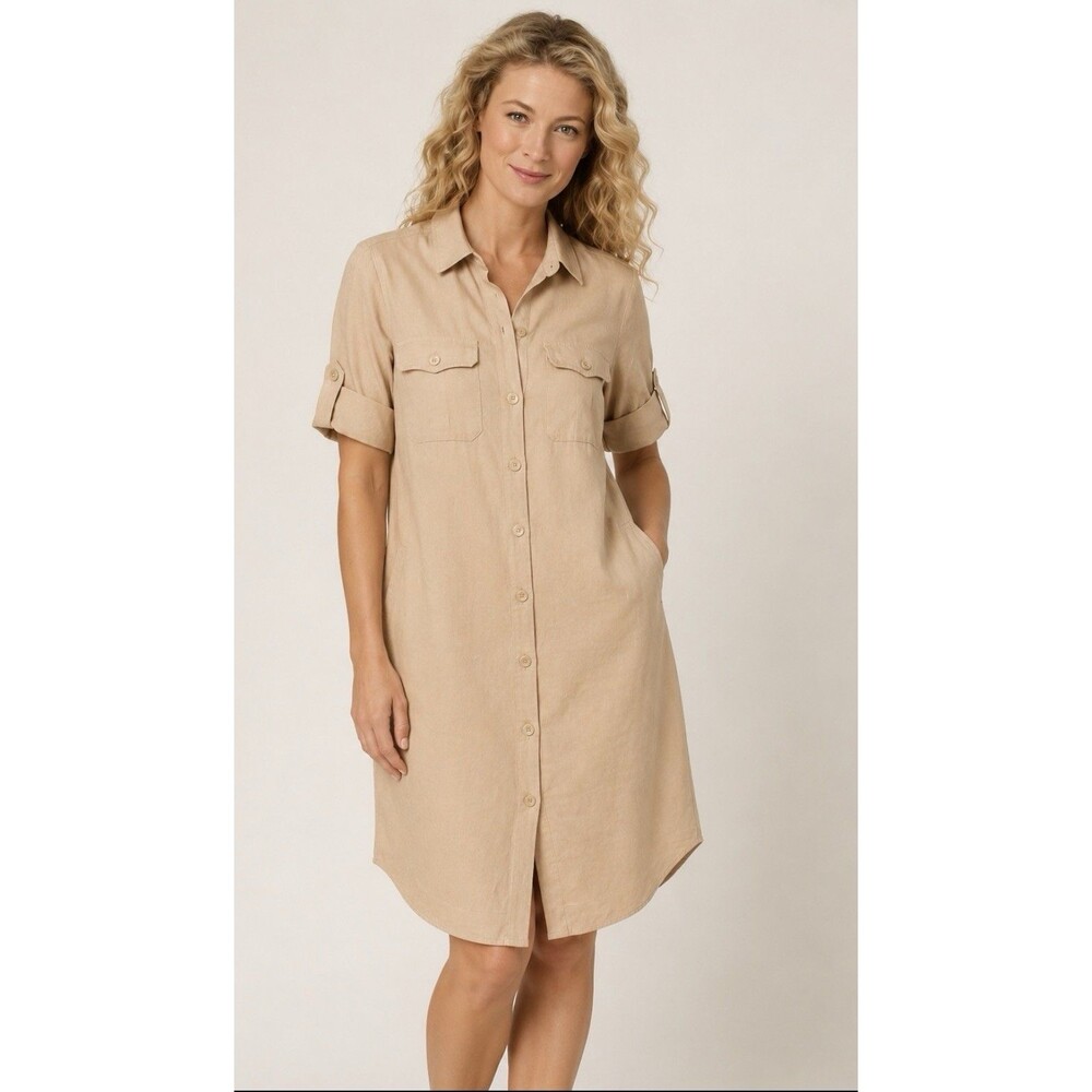Soft Surroundings Linen Blend Tan Utility Midi Shirt Dress Womens Plus 1X